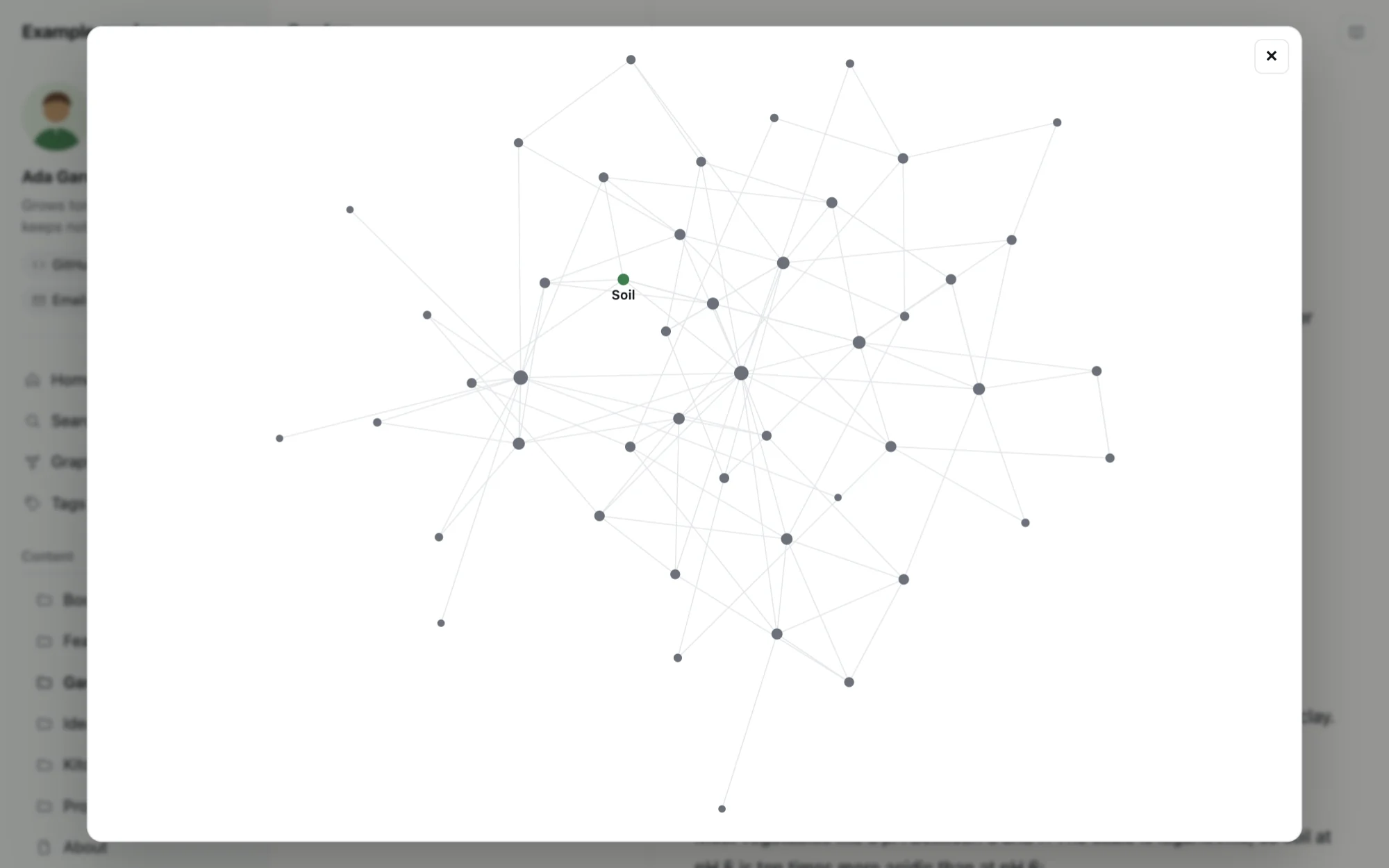 A graph of about fifty notes connected by lines, with the current note highlighted.