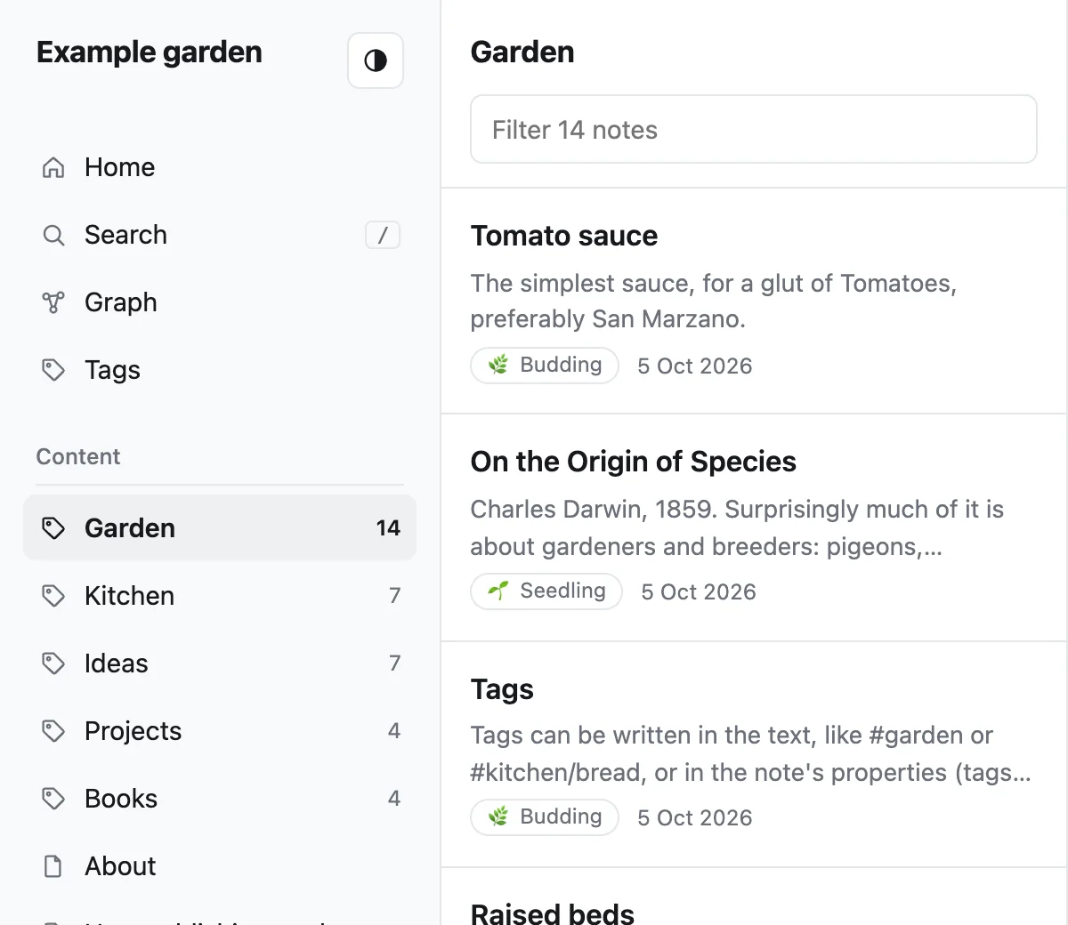 The menu shows tag groups Garden, Kitchen, Ideas, Projects and Books with note counts; Garden is highlighted and the middle column lists its notes.