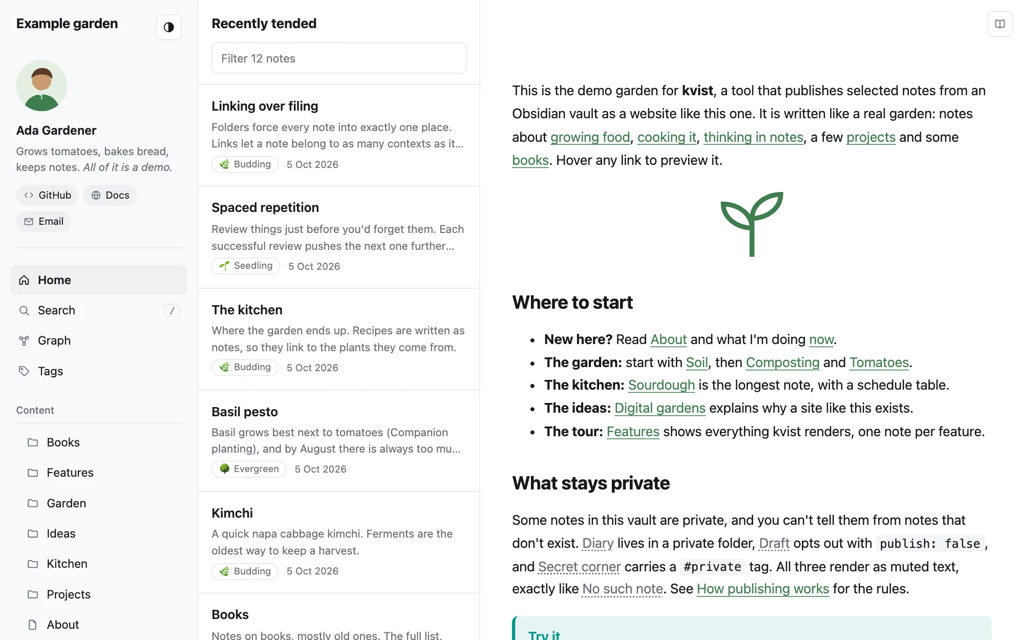 The home page with recently tended notes in the middle and the home note on the right.