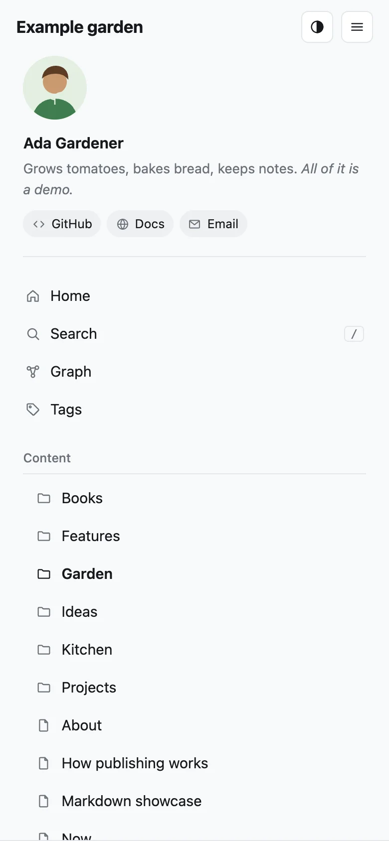 The phone menu opened, listing the profile, Home, Search, Graph, Tags and the folder tree.