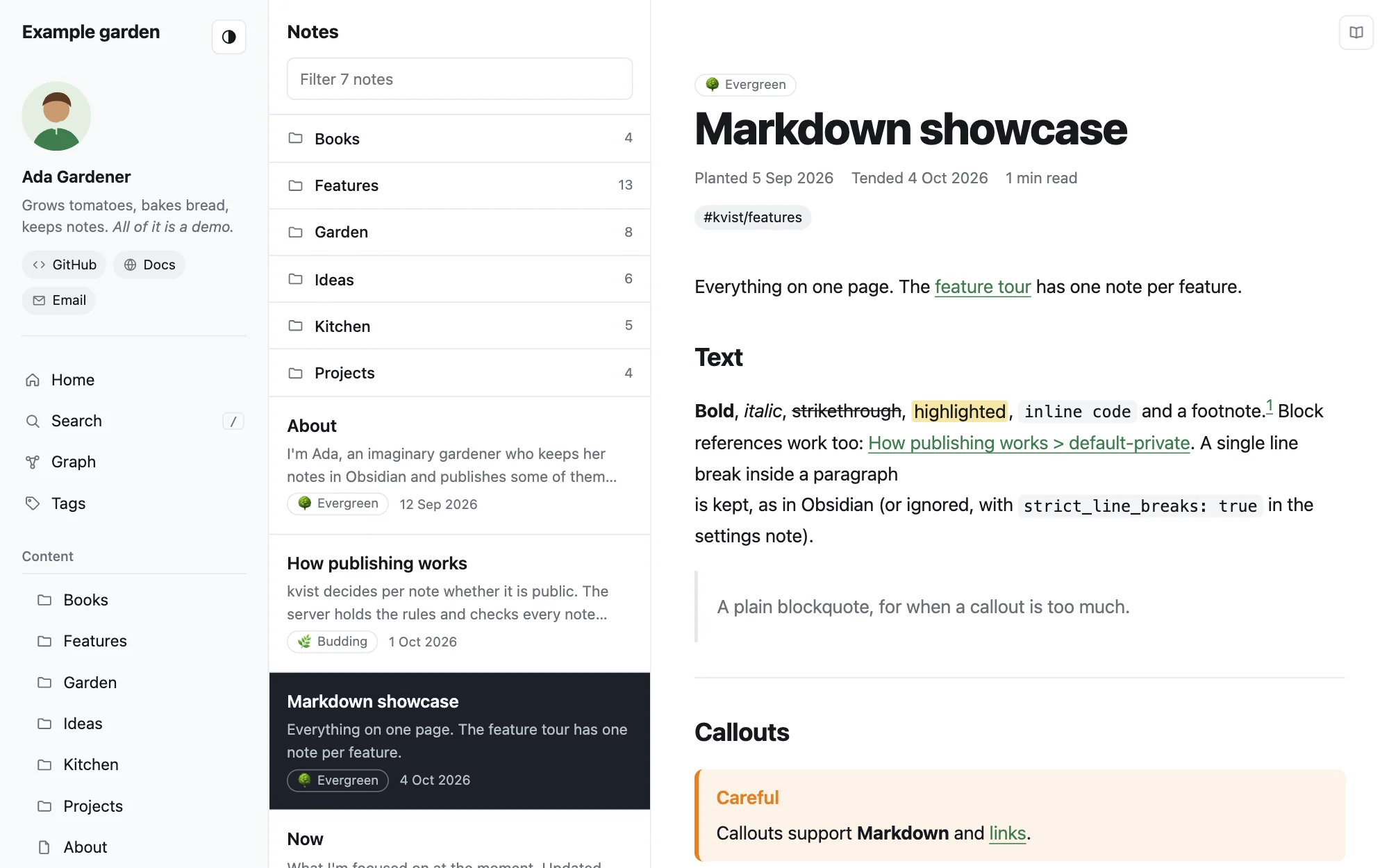 A kvist site: a menu with a folder tree on the left, a list of notes in the middle and a note on the right.