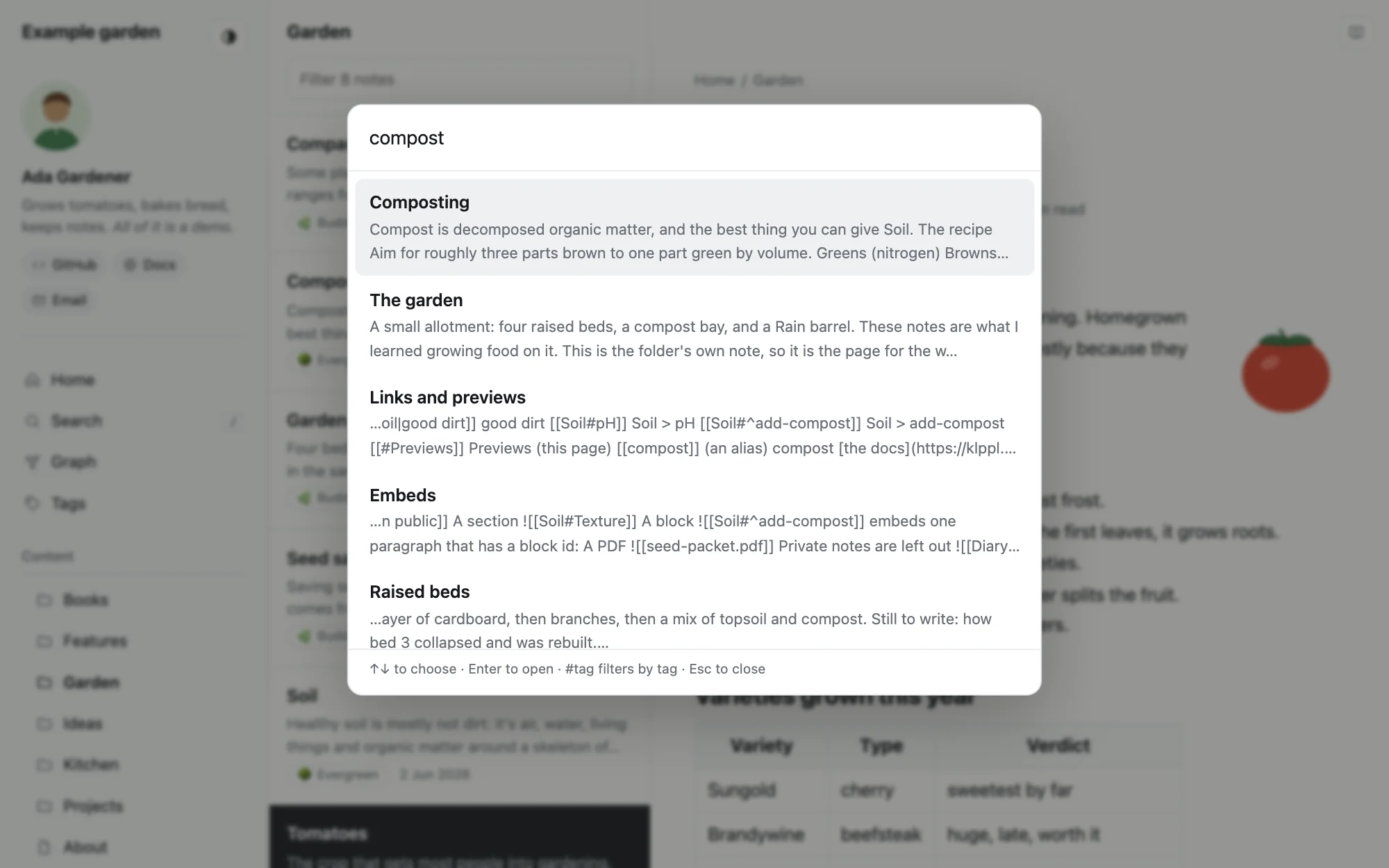 A search box over the site, listing notes that match “compost” with snippets.