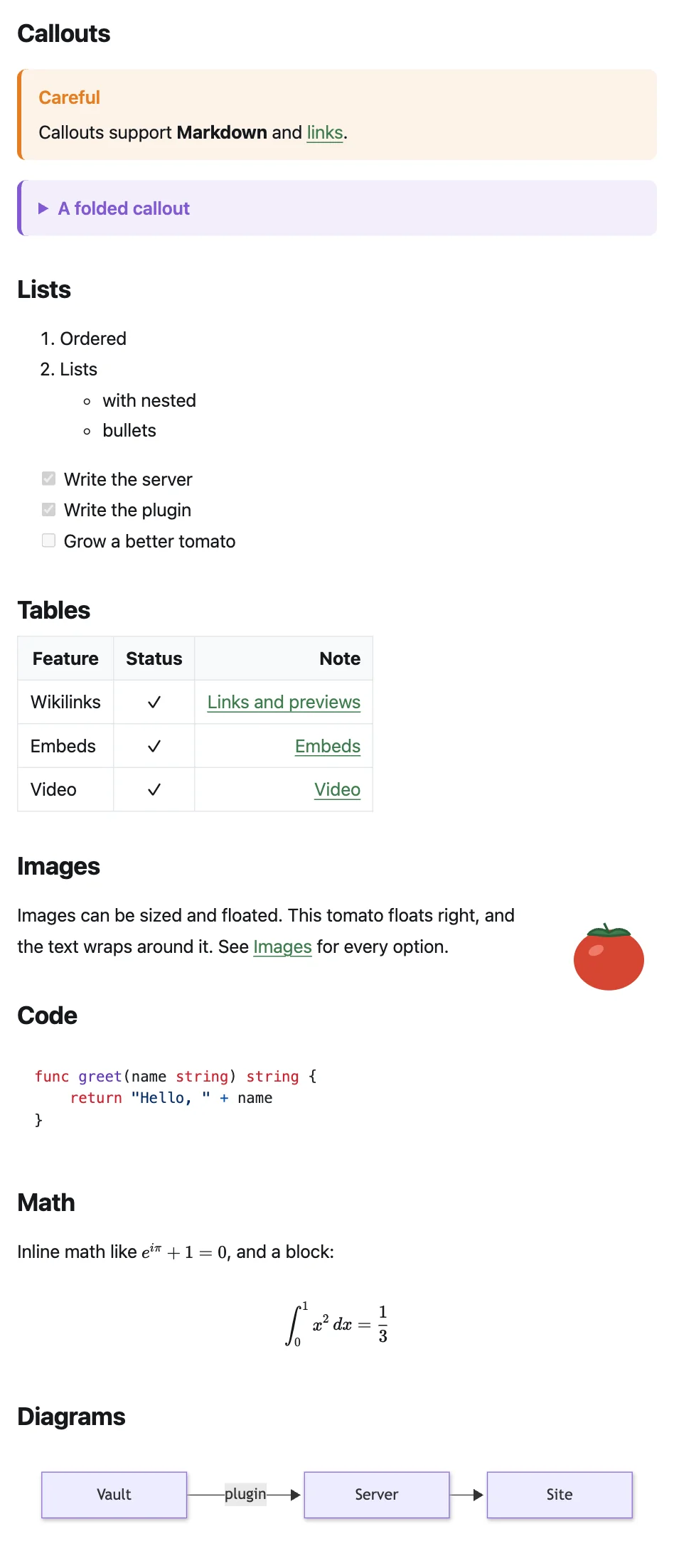 Callouts, lists, a task list, a table, a floated image, highlighted code, math and a Mermaid diagram as they appear on the site.